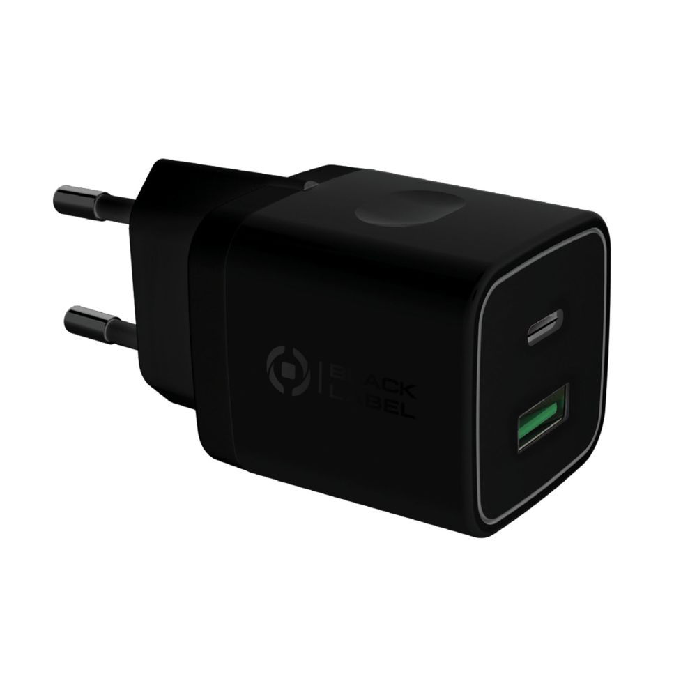 Chargeur Mural Celly Noir Label USB-C + Port USB, 20W