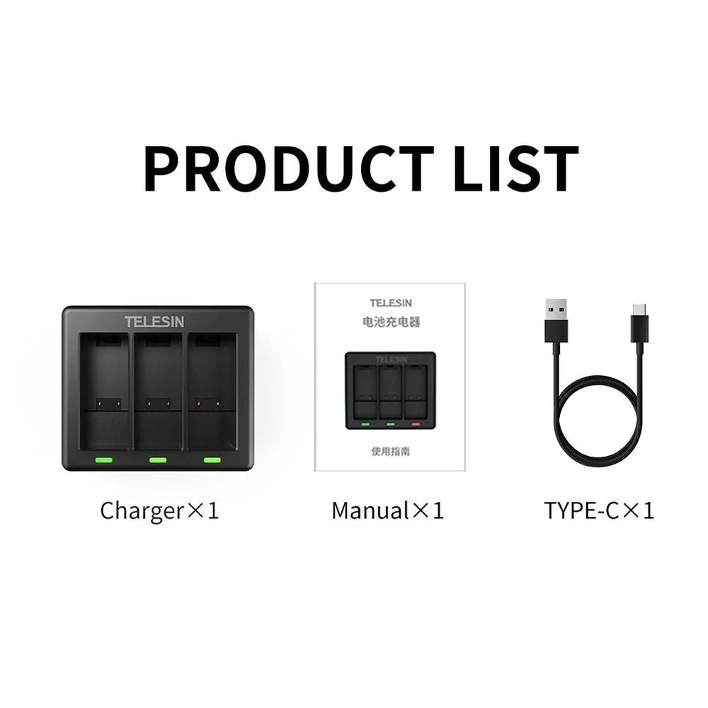 Telesin Chargeur pour 3 Batteries pour GoPro HERO 9/10/11/12