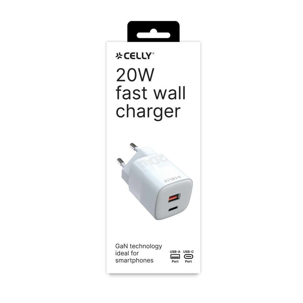 Chargeur mural Celly 1 USB-A / 1 USB-C, 20W, blanc