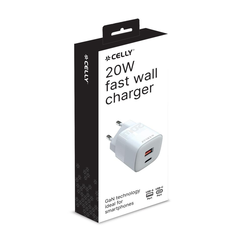 Chargeur mural Celly 1 USB-A / 1 USB-C, 20W, blanc