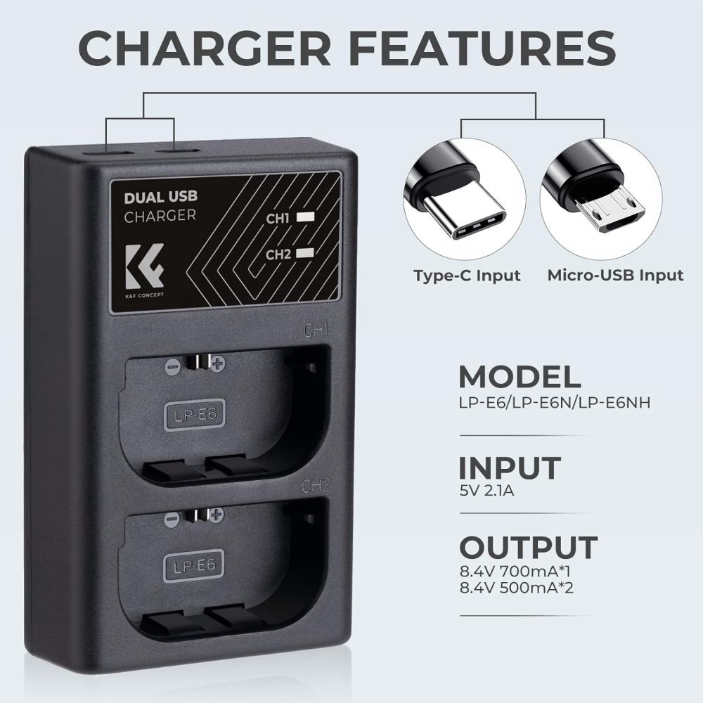 K&F Concept LP-E6NH Chargeur de batterie double USB-C
