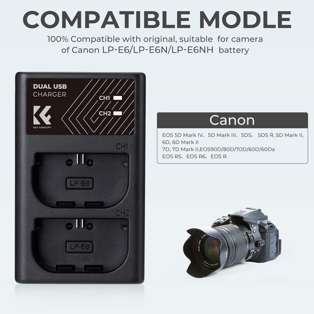 K&F Concept LP-E6NH Chargeur de batterie double USB-C