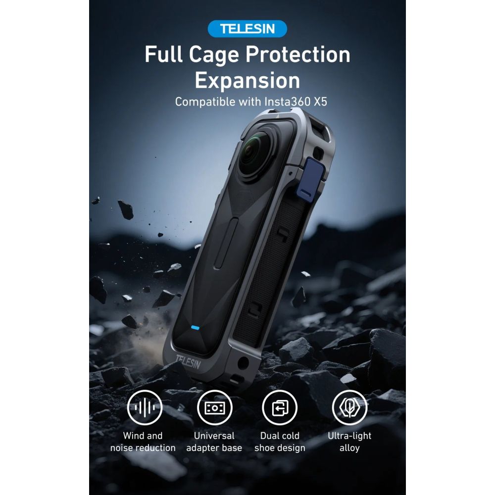 Cage métallique Telesin pour Insta360 X5 avec cache d'objectif