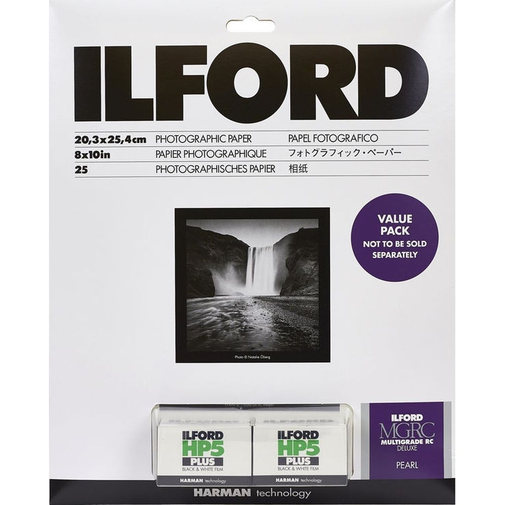 Papier Ilford Multigrade RC Deluxe Pearl 20,3 x 25,4 cm, paquet de 25 feuilles comprenant 2 films HP5 Plus