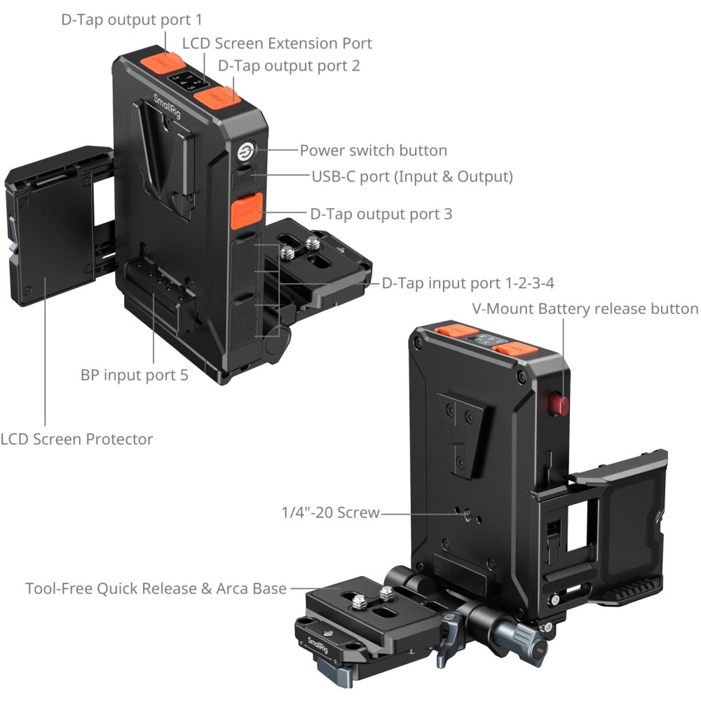 Plaque d'adaptation pour batterie V-Mount SmallRig 5899 avec gestion intelligente de l'alimentation (compatible avec la plaque de dégagement rapide Arca-Swiss)
